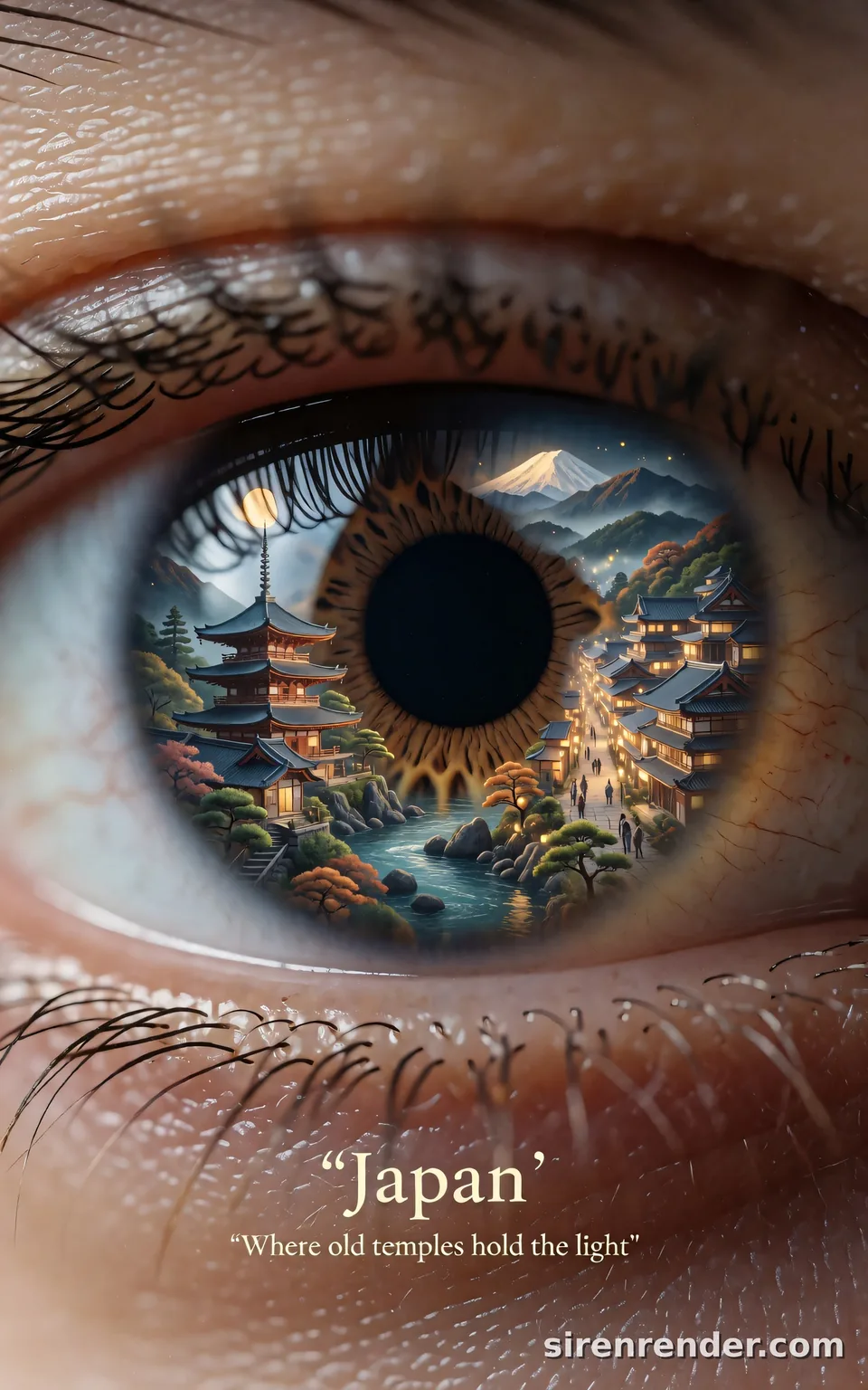 A Country Inside an Eye: Japan: extreme macro photo of a human eye whose iris holds a miniature Japanese landscape with a pagoda, Mount Fuji and a lantern-lit village, with the word Japan and a tagline below, seed 11
