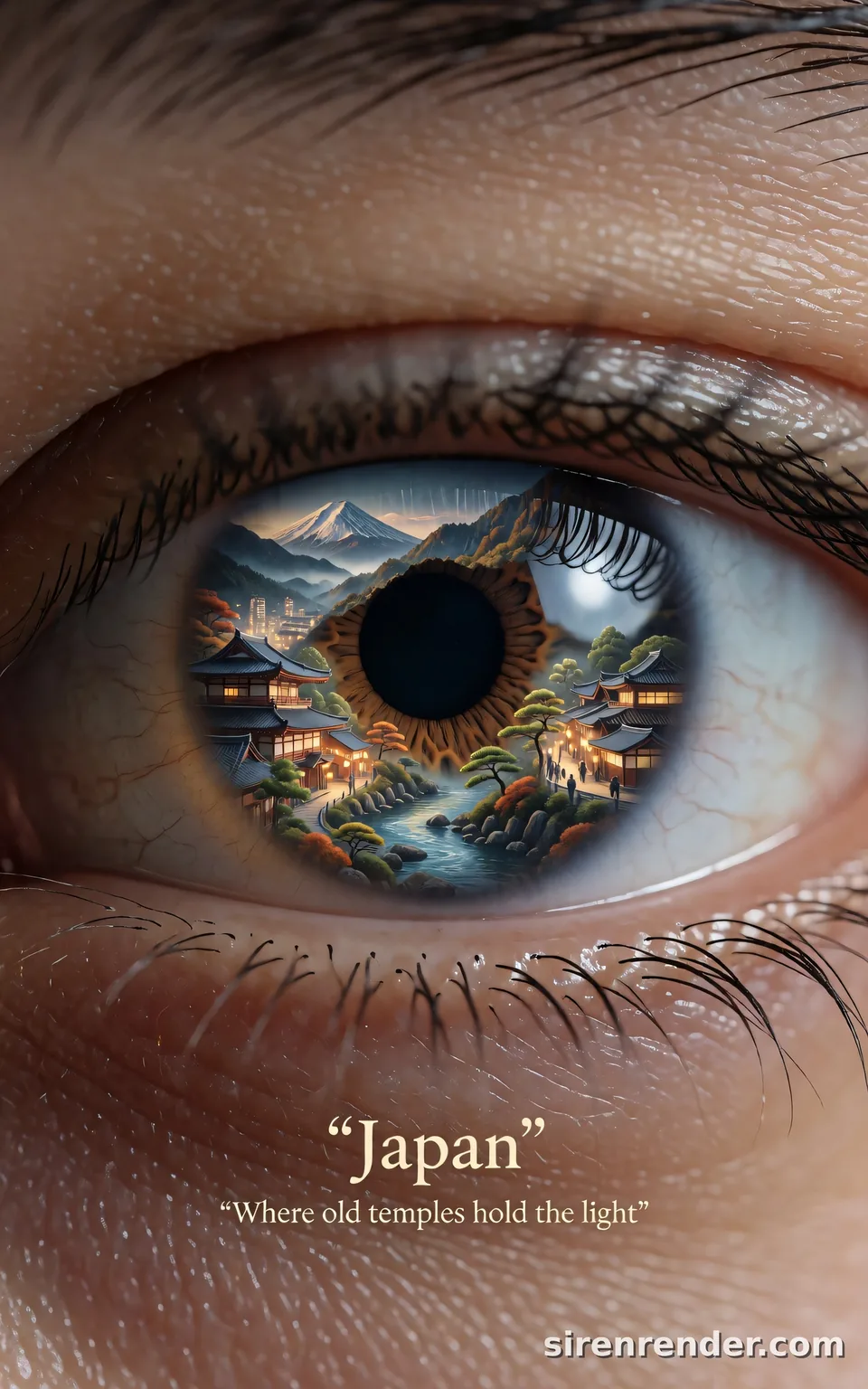 A Country Inside an Eye: Japan: extreme macro photo of a human eye whose iris holds a miniature Japanese landscape with a pagoda, Mount Fuji and a lantern-lit village, with the word Japan and a tagline below, seed 22
