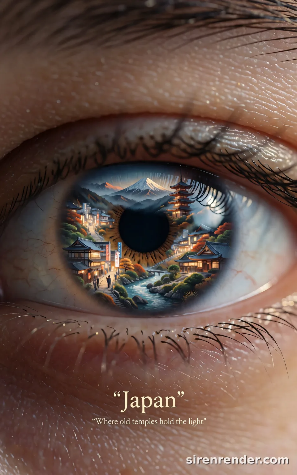 A Country Inside an Eye: Japan: extreme macro photo of a human eye whose iris holds a miniature Japanese landscape with a pagoda, Mount Fuji and a lantern-lit village, with the word Japan and a tagline below, seed 33
