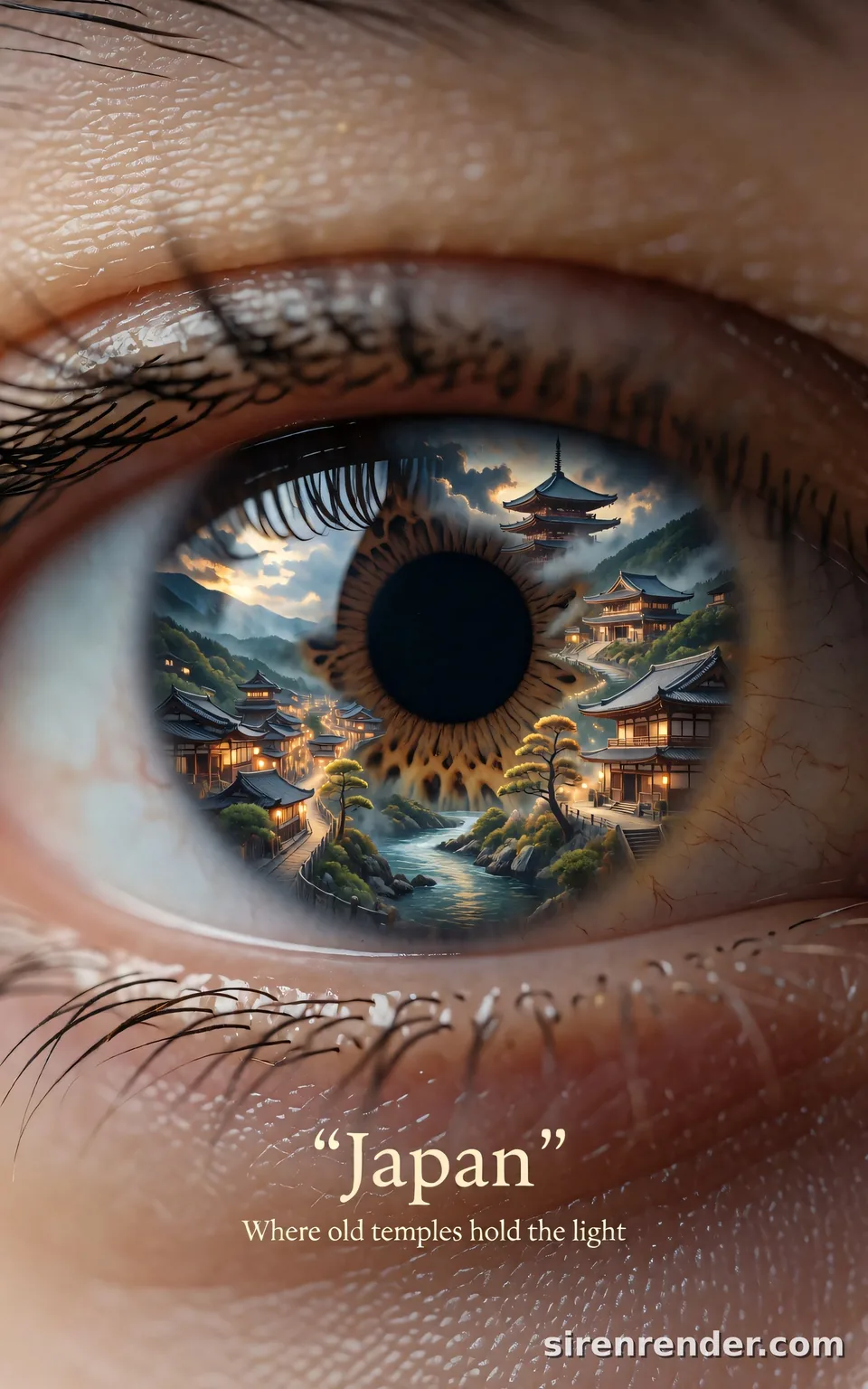 A Country Inside an Eye: Japan: extreme macro photo of a human eye whose iris holds a miniature Japanese landscape with a pagoda, Mount Fuji and a lantern-lit village, with the word Japan and a tagline below, seed 44