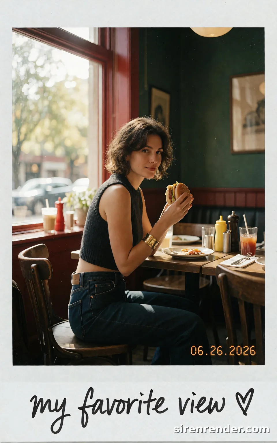 Vintage Polaroid Cafe Snapshot: vintage Polaroid photo of a woman with a wavy bob eating a burger in a cafe with dark green walls and a red window frame, handwritten 'my favorite view' and a date stamp on the white border, seed 11