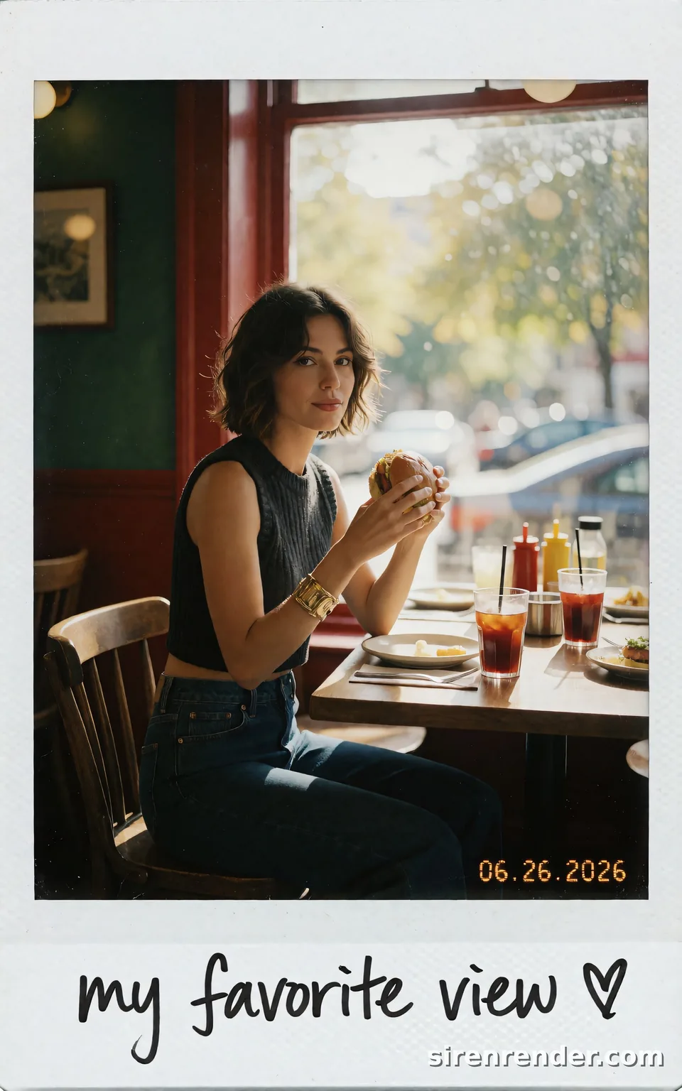 Vintage Polaroid Cafe Snapshot: vintage Polaroid photo of a woman with a wavy bob eating a burger in a cafe with dark green walls and a red window frame, handwritten 'my favorite view' and a date stamp on the white border, seed 22