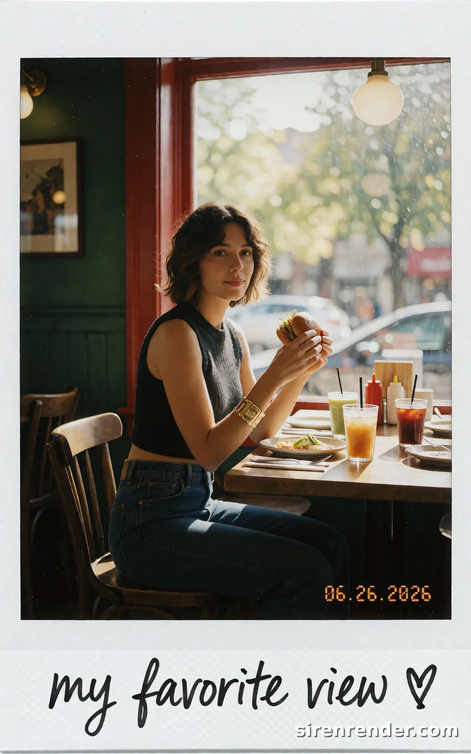 Vintage Polaroid Cafe Snapshot: vintage Polaroid photo of a woman with a wavy bob eating a burger in a cafe with dark green walls and a red window frame, handwritten 'my favorite view' and a date stamp on the white border, seed 33