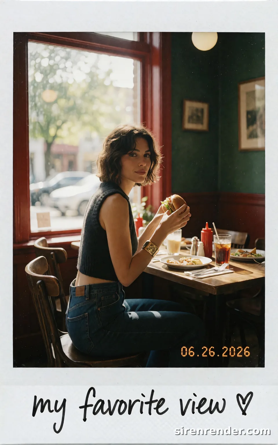 Vintage Polaroid Cafe Snapshot: vintage Polaroid photo of a woman with a wavy bob eating a burger in a cafe with dark green walls and a red window frame, handwritten 'my favorite view' and a date stamp on the white border, seed 44
