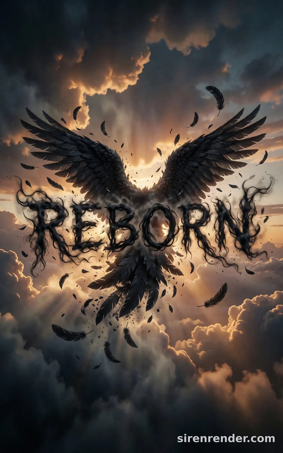 Reborn: Fallen Angel Text: black winged silhouette bursting through dusk clouds as its feathers scatter into the smoky word REBORN, rays of amber light behind, seed 11