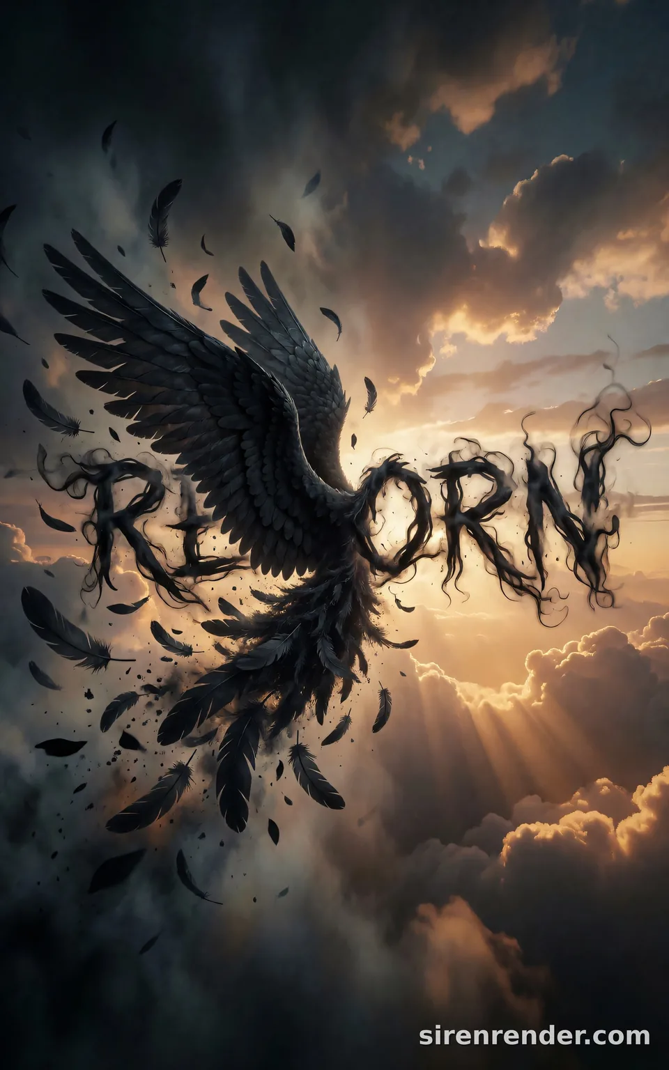 Reborn: Fallen Angel Text: black winged silhouette bursting through dusk clouds as its feathers scatter into the smoky word REBORN, rays of amber light behind, seed 22