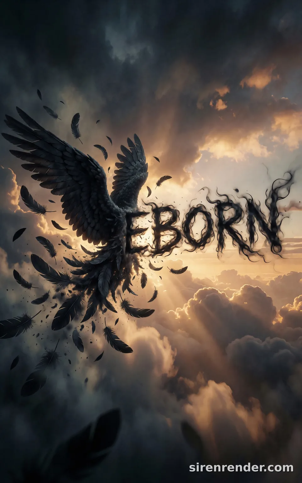 Reborn: Fallen Angel Text: black winged silhouette bursting through dusk clouds as its feathers scatter into the smoky word REBORN, rays of amber light behind, seed 33