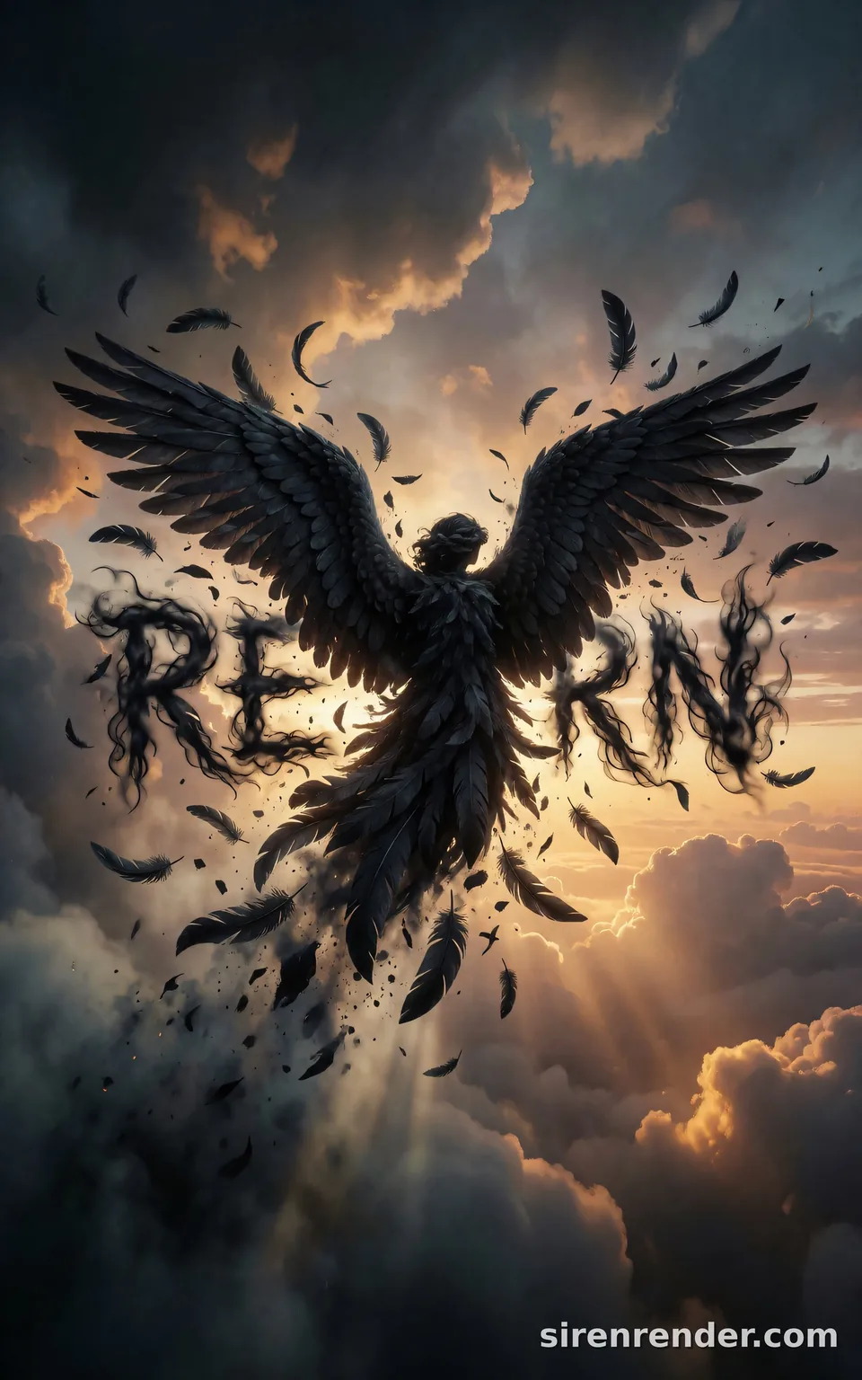 Reborn: Fallen Angel Text: black winged silhouette bursting through dusk clouds as its feathers scatter into the smoky word REBORN, rays of amber light behind, seed 44