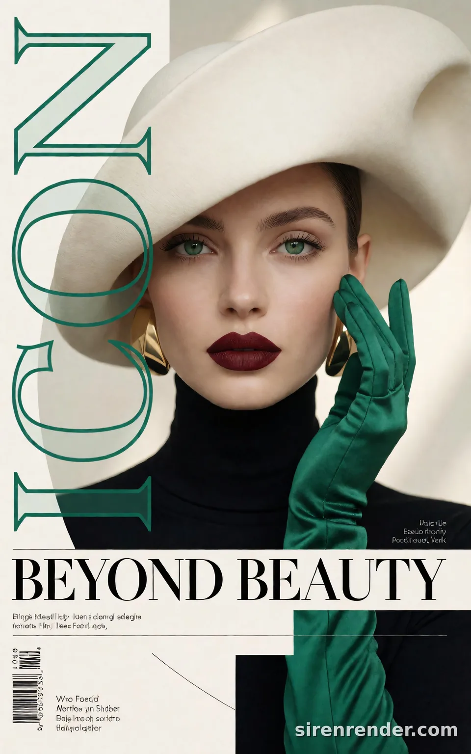 Magazine Cover: ICON: fashion magazine cover with a model in an oversized ivory hat, black turtleneck and emerald satin gloves, the word ICON in tall hollow letters down the left and BEYOND BEAUTY across the bottom, seed 11