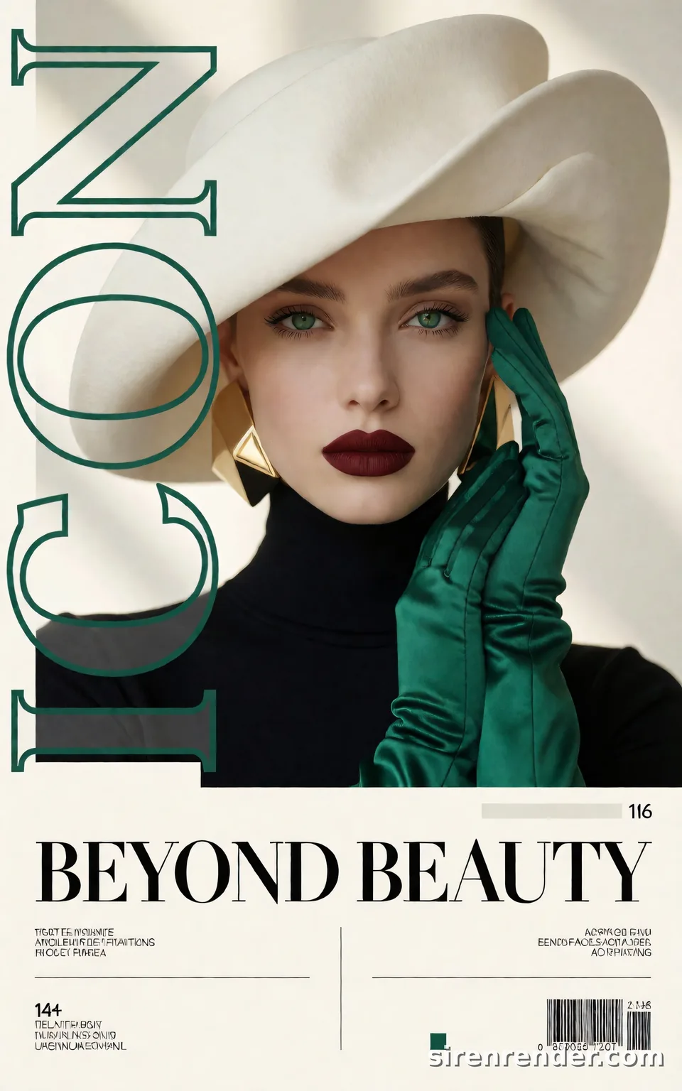 Magazine Cover: ICON: fashion magazine cover with a model in an oversized ivory hat, black turtleneck and emerald satin gloves, the word ICON in tall hollow letters down the left and BEYOND BEAUTY across the bottom, seed 22