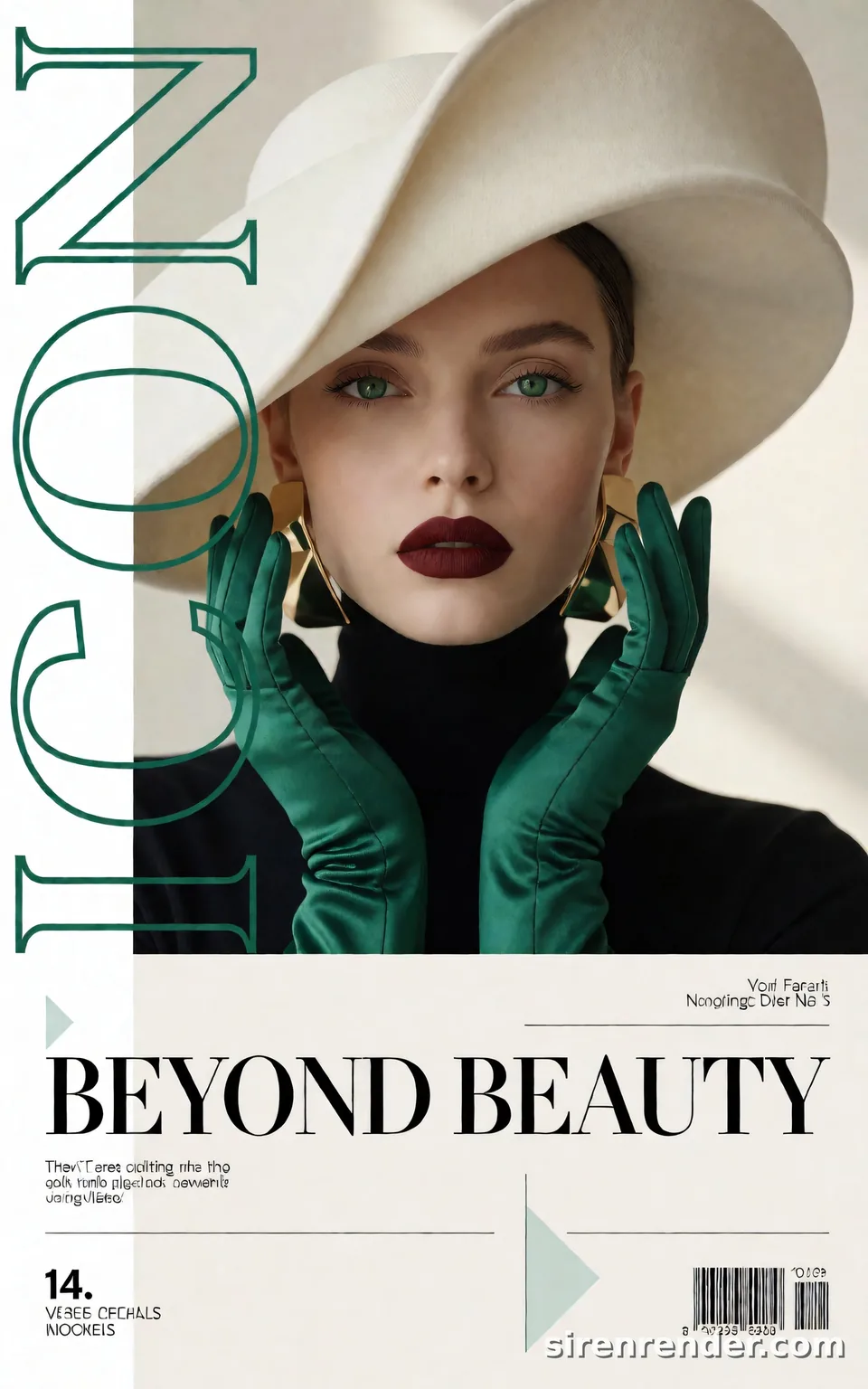 Magazine Cover: ICON: fashion magazine cover with a model in an oversized ivory hat, black turtleneck and emerald satin gloves, the word ICON in tall hollow letters down the left and BEYOND BEAUTY across the bottom, seed 33