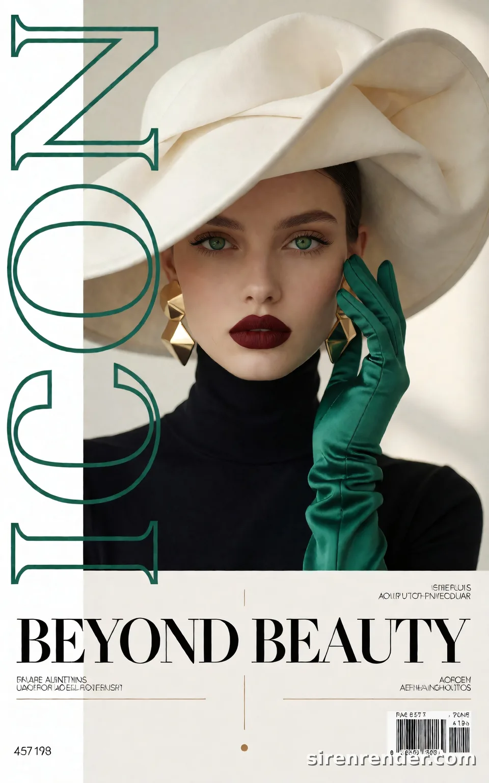 Magazine Cover: ICON: fashion magazine cover with a model in an oversized ivory hat, black turtleneck and emerald satin gloves, the word ICON in tall hollow letters down the left and BEYOND BEAUTY across the bottom, seed 44