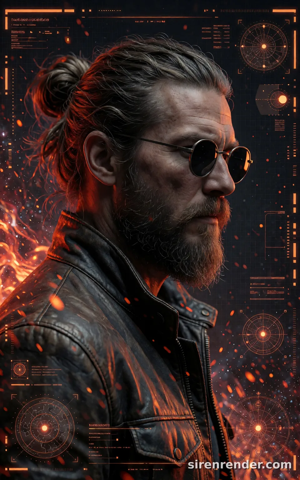 Sci-Fi Side Profile with Data Streams: cinematic side-profile portrait of a rugged bearded man with a tied-back bun, round dark sunglasses and a leather jacket against glowing orange star maps and data streams with drifting embers, seed 11