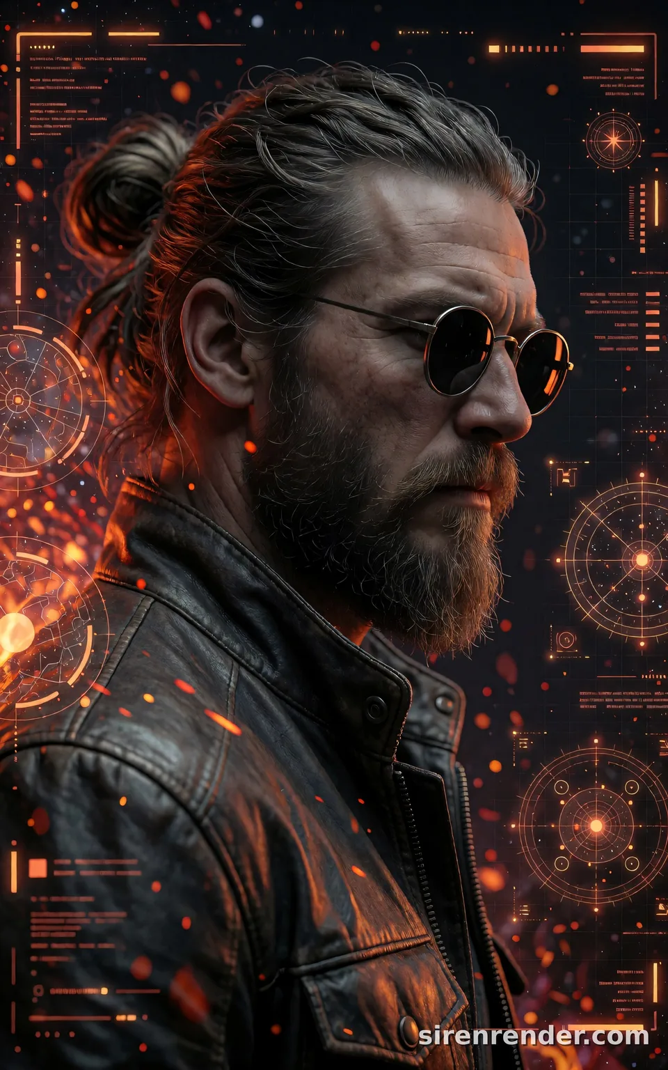 Sci-Fi Side Profile with Data Streams: cinematic side-profile portrait of a rugged bearded man with a tied-back bun, round dark sunglasses and a leather jacket against glowing orange star maps and data streams with drifting embers, seed 22