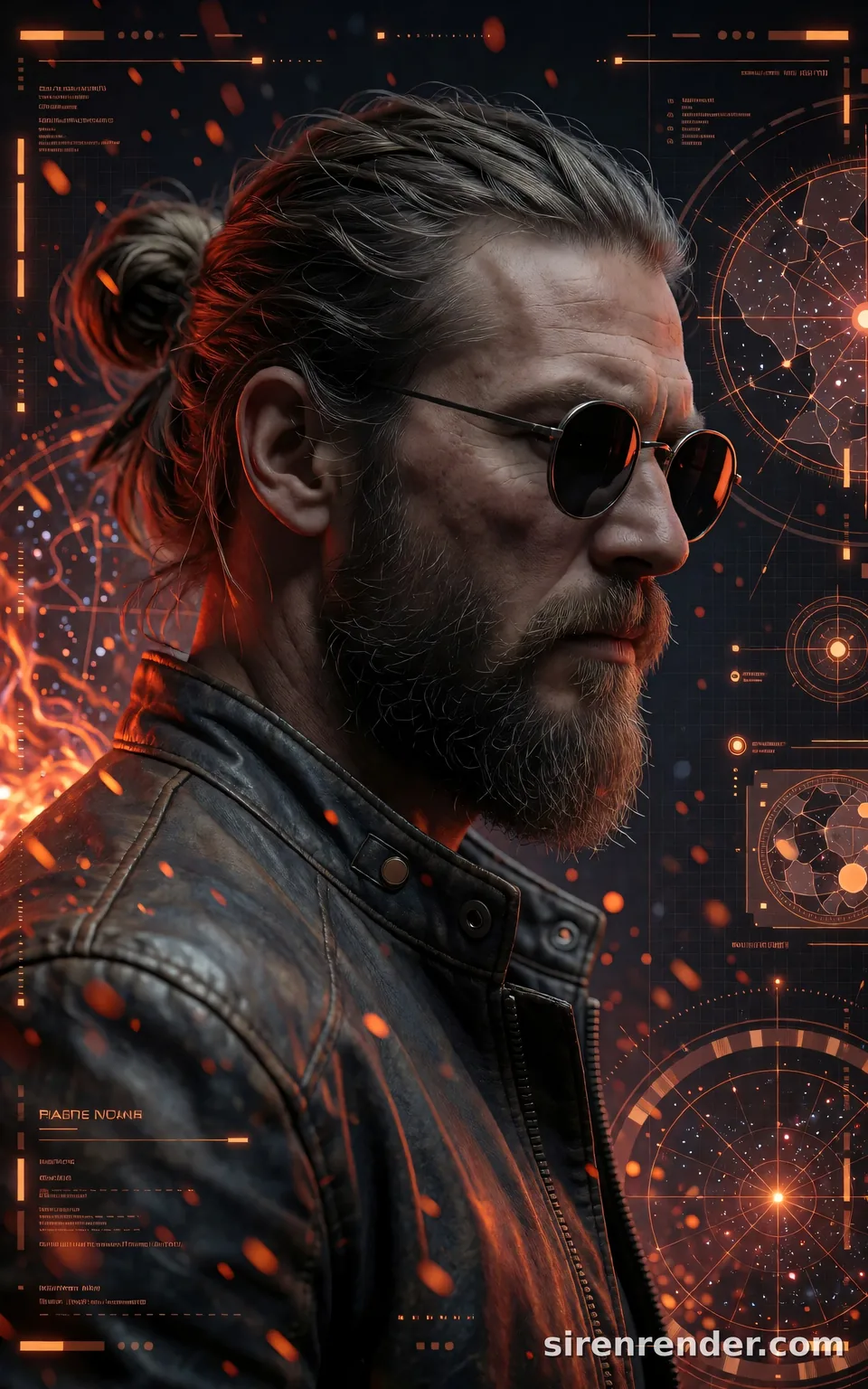 Sci-Fi Side Profile with Data Streams: cinematic side-profile portrait of a rugged bearded man with a tied-back bun, round dark sunglasses and a leather jacket against glowing orange star maps and data streams with drifting embers, seed 33