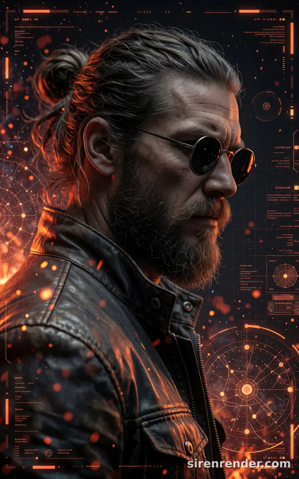 Sci-Fi Side Profile with Data Streams: cinematic side-profile portrait of a rugged bearded man with a tied-back bun, round dark sunglasses and a leather jacket against glowing orange star maps and data streams with drifting embers, seed 44