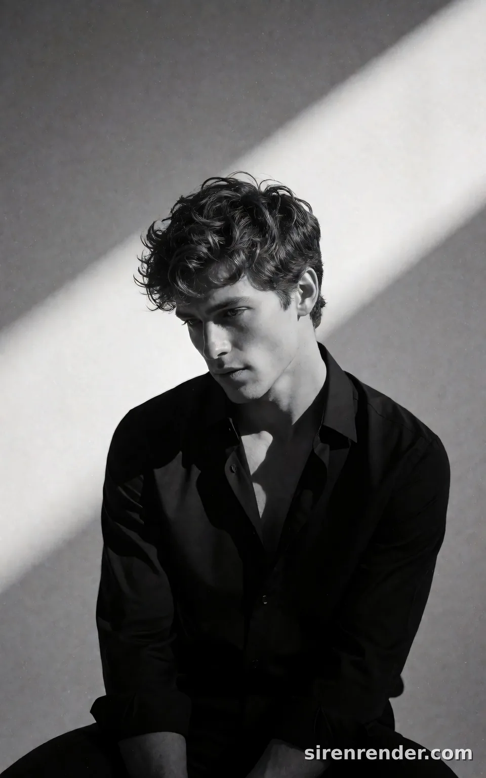 Diagonal Sunbeam Noir Portrait: black and white editorial portrait of a man with thick wavy hair in a half-unbuttoned black shirt, seated with his head tilted down, a hard diagonal beam of sunlight across the wall behind him, seed 11