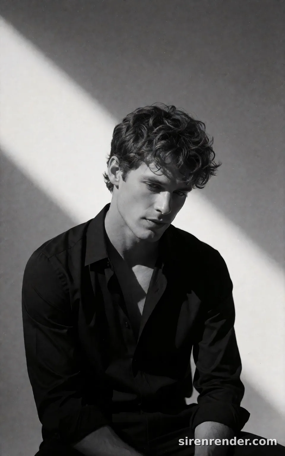 Diagonal Sunbeam Noir Portrait: black and white editorial portrait of a man with thick wavy hair in a half-unbuttoned black shirt, seated with his head tilted down, a hard diagonal beam of sunlight across the wall behind him, seed 22