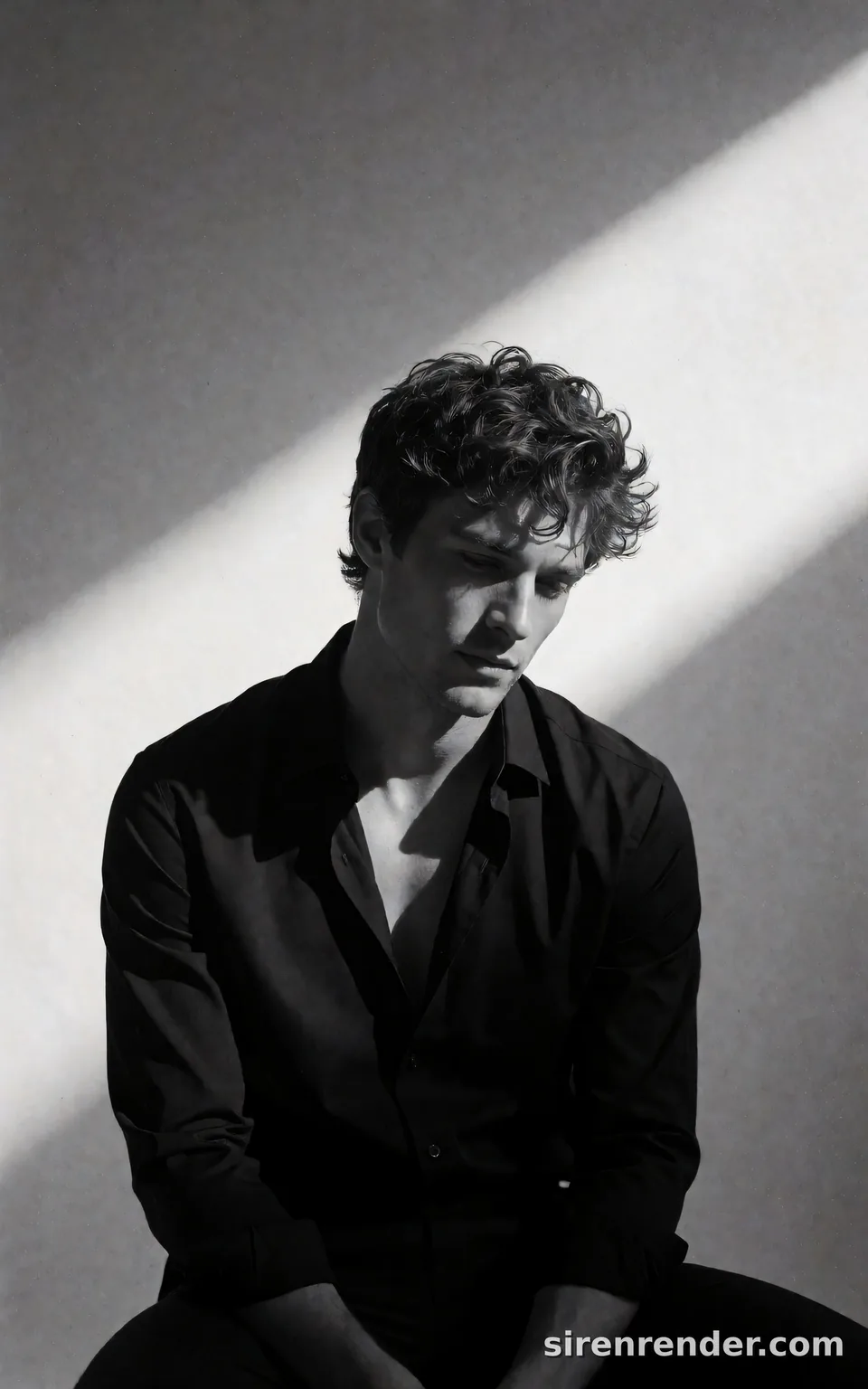 Diagonal Sunbeam Noir Portrait: black and white editorial portrait of a man with thick wavy hair in a half-unbuttoned black shirt, seated with his head tilted down, a hard diagonal beam of sunlight across the wall behind him, seed 33