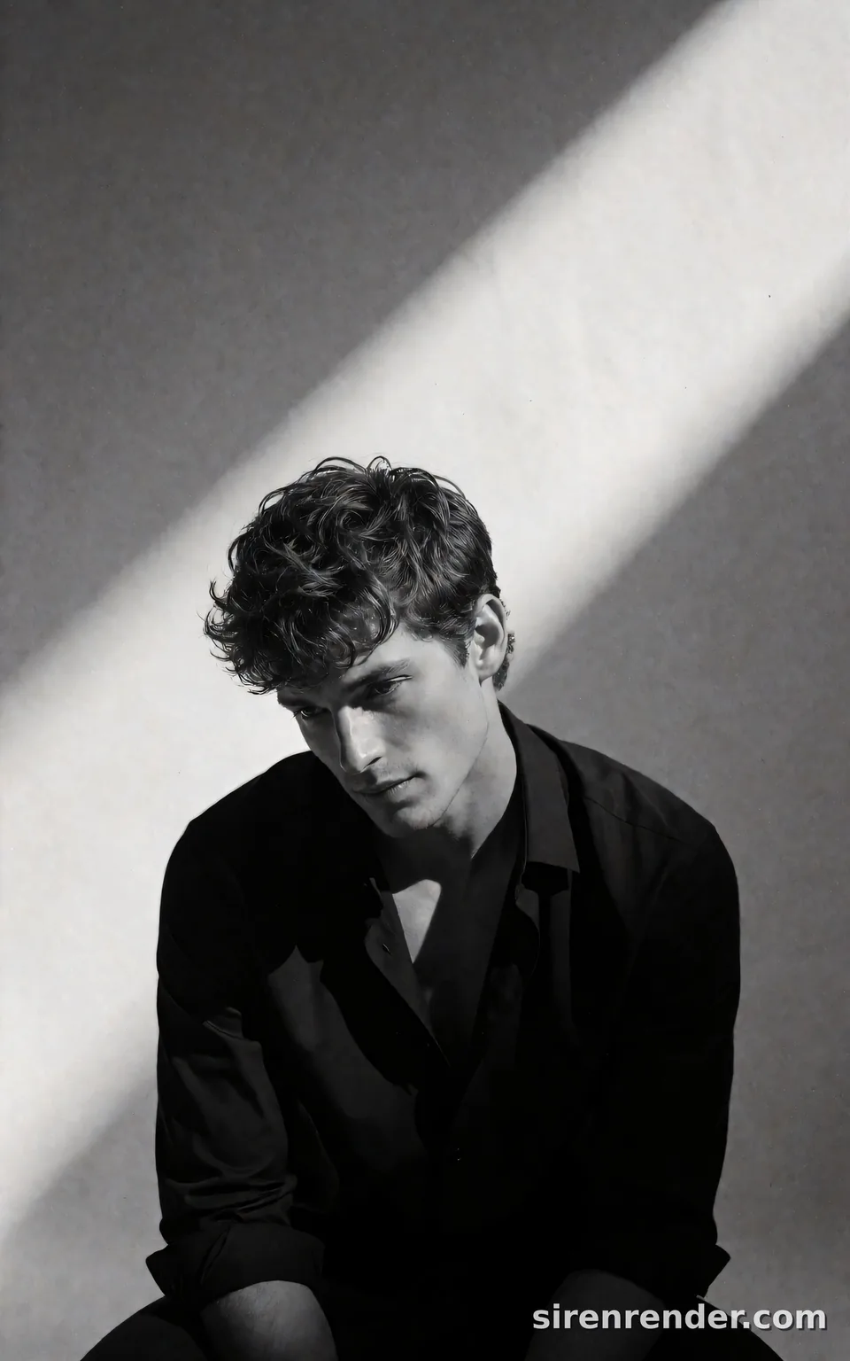 Diagonal Sunbeam Noir Portrait: black and white editorial portrait of a man with thick wavy hair in a half-unbuttoned black shirt, seated with his head tilted down, a hard diagonal beam of sunlight across the wall behind him, seed 44