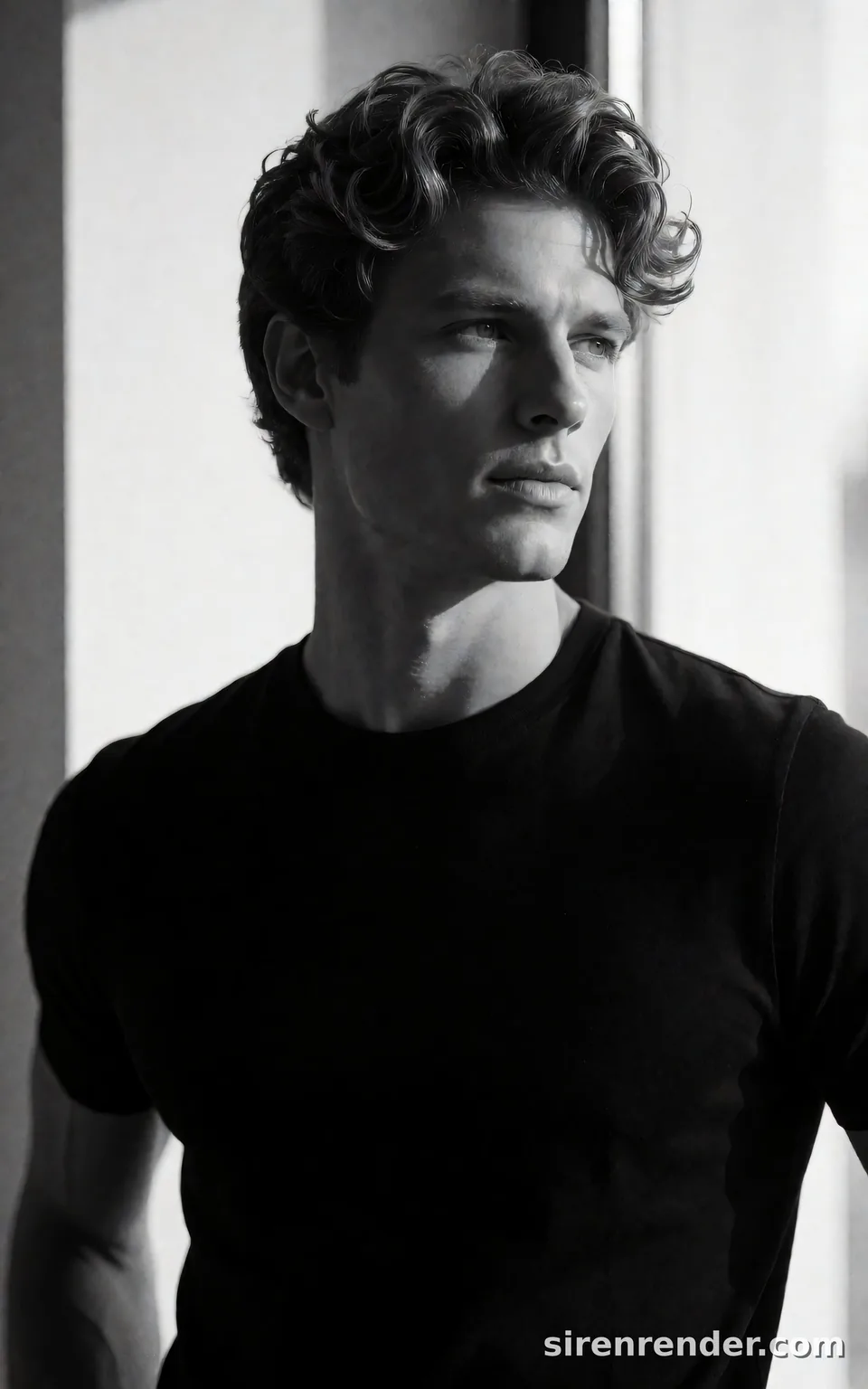 Black and White Window-Light Portrait: black and white portrait of a man with voluminous wavy hair in a black crew-neck T-shirt, looking toward a bright window, hard side light across his face, seed 11