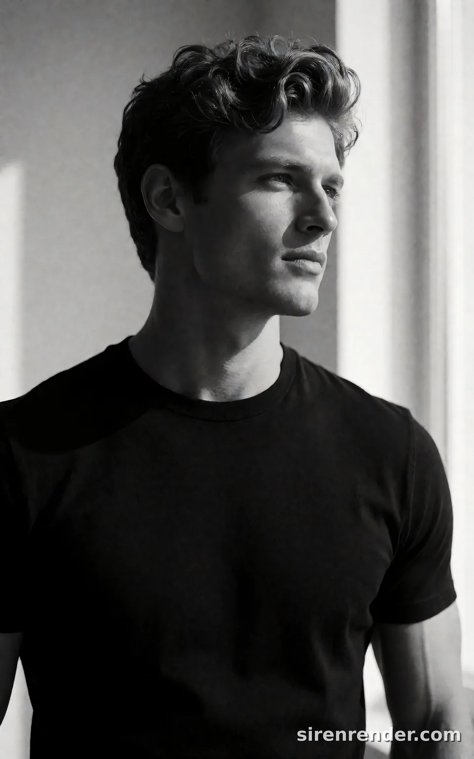 Black and White Window-Light Portrait: black and white portrait of a man with voluminous wavy hair in a black crew-neck T-shirt, looking toward a bright window, hard side light across his face, seed 22