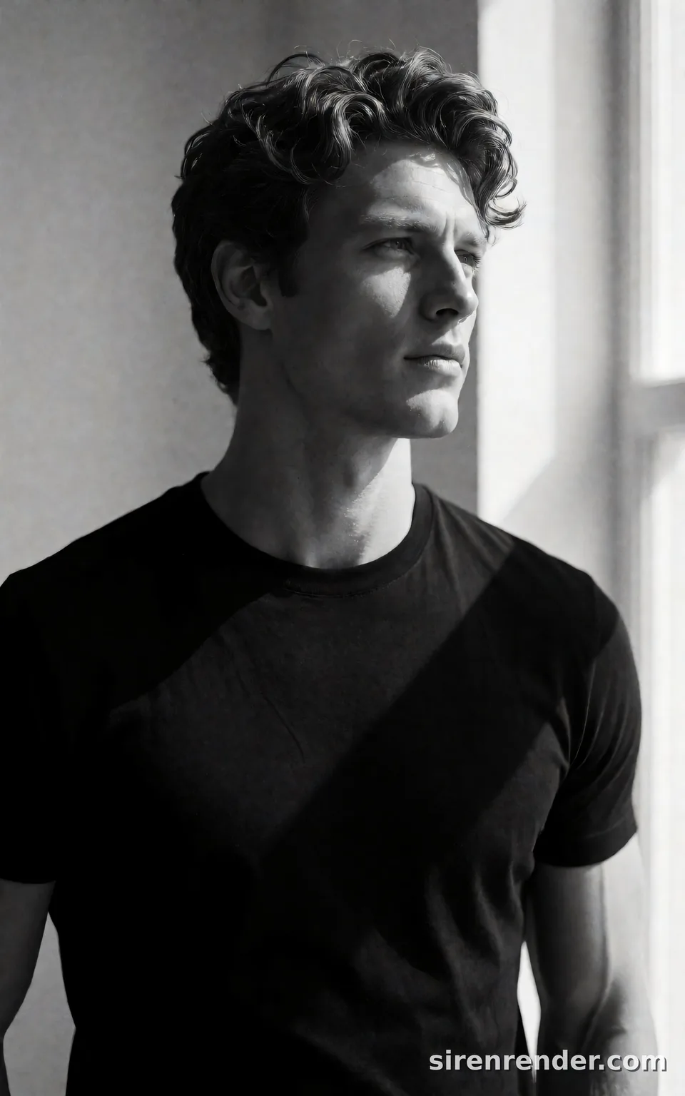 Black and White Window-Light Portrait: black and white portrait of a man with voluminous wavy hair in a black crew-neck T-shirt, looking toward a bright window, hard side light across his face, seed 33