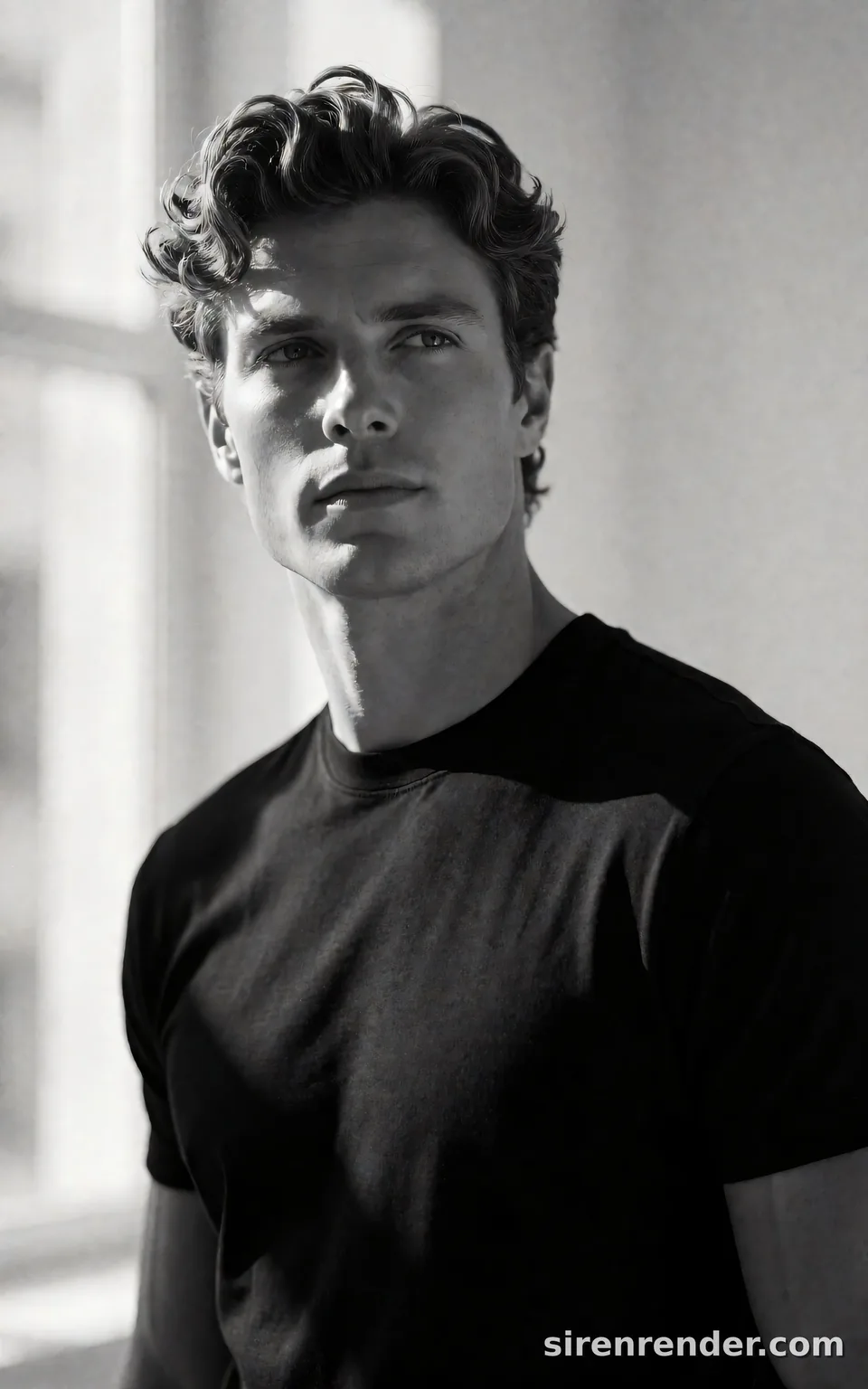 Black and White Window-Light Portrait: black and white portrait of a man with voluminous wavy hair in a black crew-neck T-shirt, looking toward a bright window, hard side light across his face, seed 44