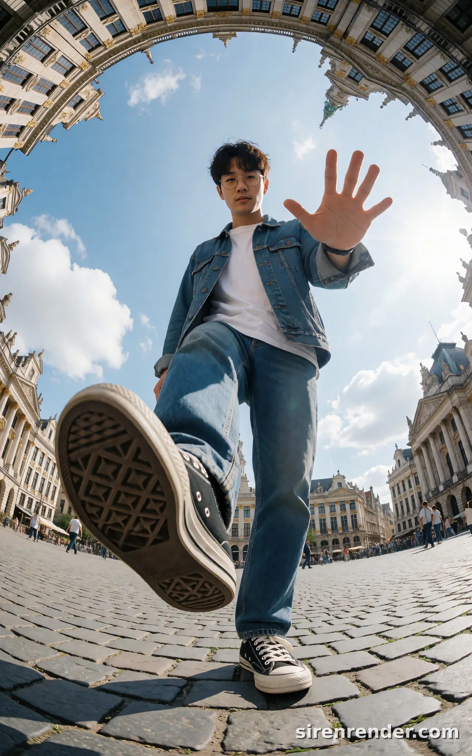 Fisheye Step Over the Camera: extreme low-angle fisheye photo of a man in a denim jacket stepping over the camera with a giant sneaker sole in the foreground, a European square curving around him, seed 11