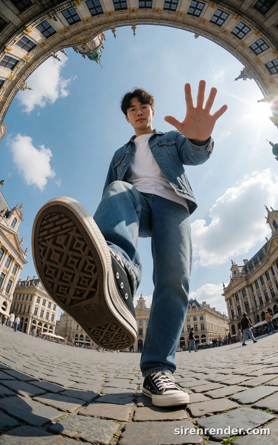 Fisheye Step Over the Camera: extreme low-angle fisheye photo of a man in a denim jacket stepping over the camera with a giant sneaker sole in the foreground, a European square curving around him, seed 22