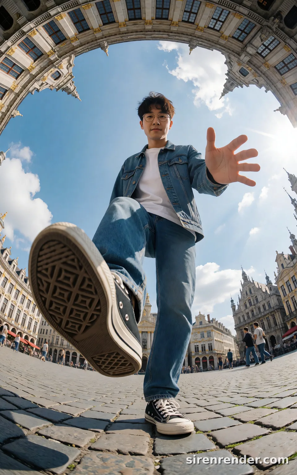 Fisheye Step Over the Camera: extreme low-angle fisheye photo of a man in a denim jacket stepping over the camera with a giant sneaker sole in the foreground, a European square curving around him, seed 33