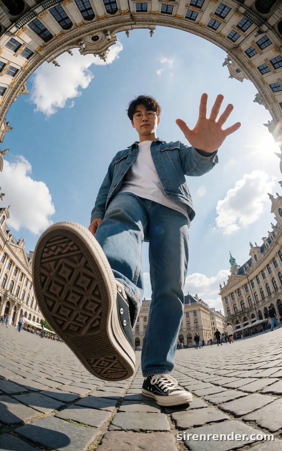 Fisheye Step Over the Camera: extreme low-angle fisheye photo of a man in a denim jacket stepping over the camera with a giant sneaker sole in the foreground, a European square curving around him, seed 44