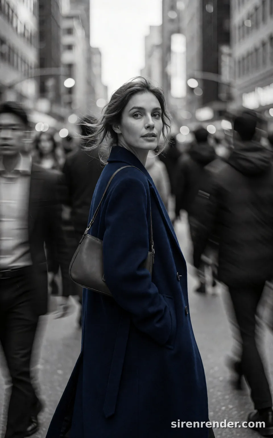 Selective Color Street Portrait: black and white street photo of a woman in a deep navy wool coat glancing back over her shoulder on a crowded city street, the coat the only color, commuters blurred around her, seed 11