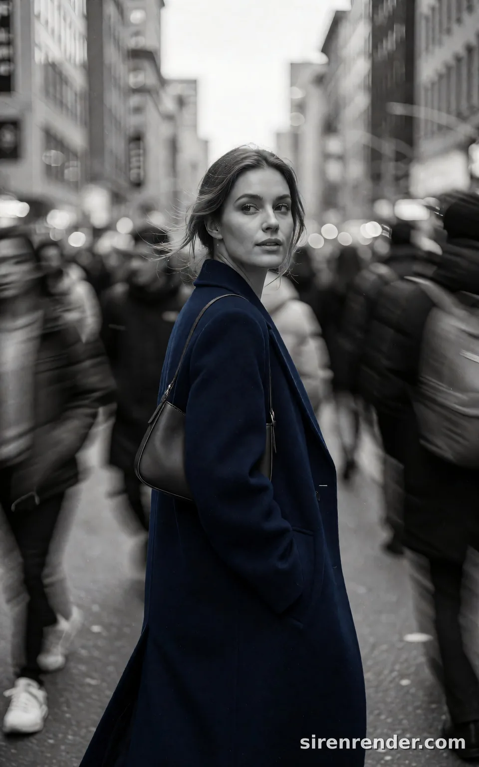 Selective Color Street Portrait: black and white street photo of a woman in a deep navy wool coat glancing back over her shoulder on a crowded city street, the coat the only color, commuters blurred around her, seed 22