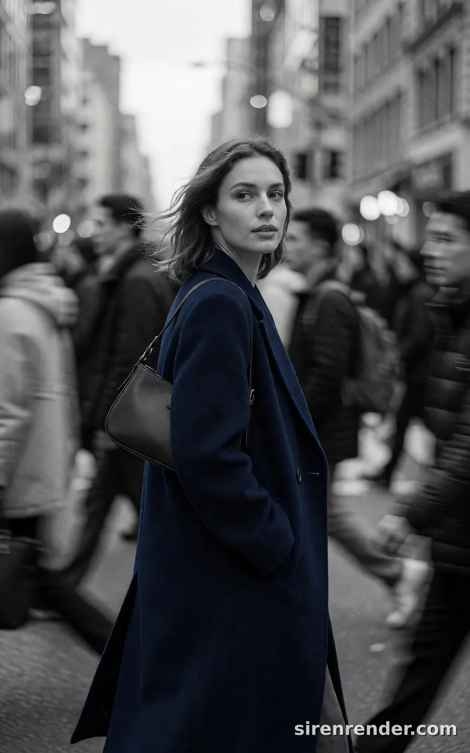 Selective Color Street Portrait: black and white street photo of a woman in a deep navy wool coat glancing back over her shoulder on a crowded city street, the coat the only color, commuters blurred around her, seed 33