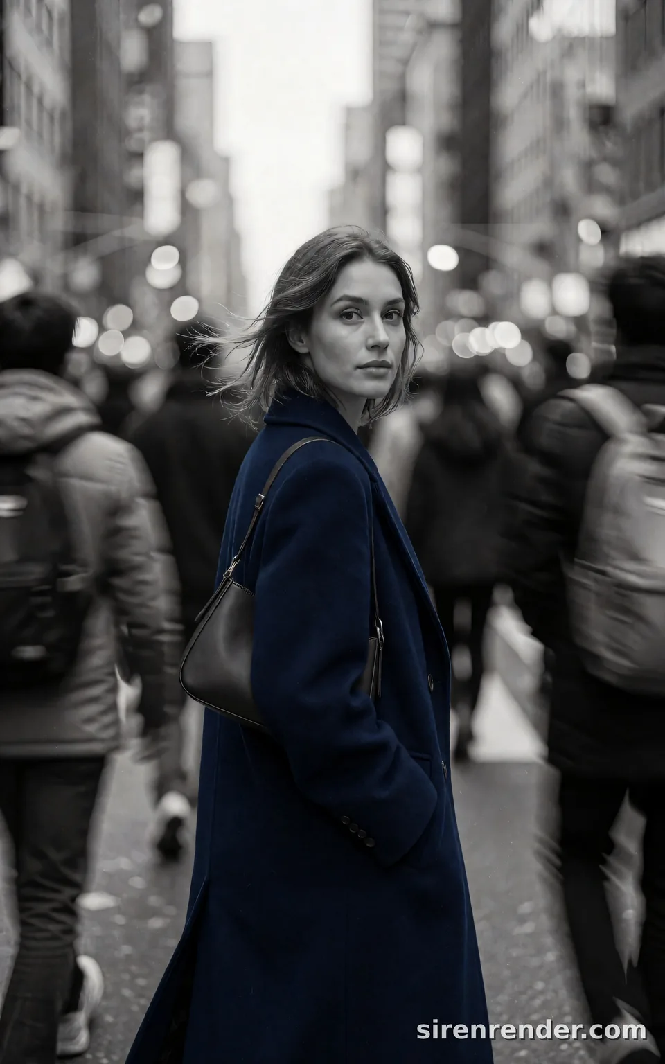 Selective Color Street Portrait: black and white street photo of a woman in a deep navy wool coat glancing back over her shoulder on a crowded city street, the coat the only color, commuters blurred around her, seed 44