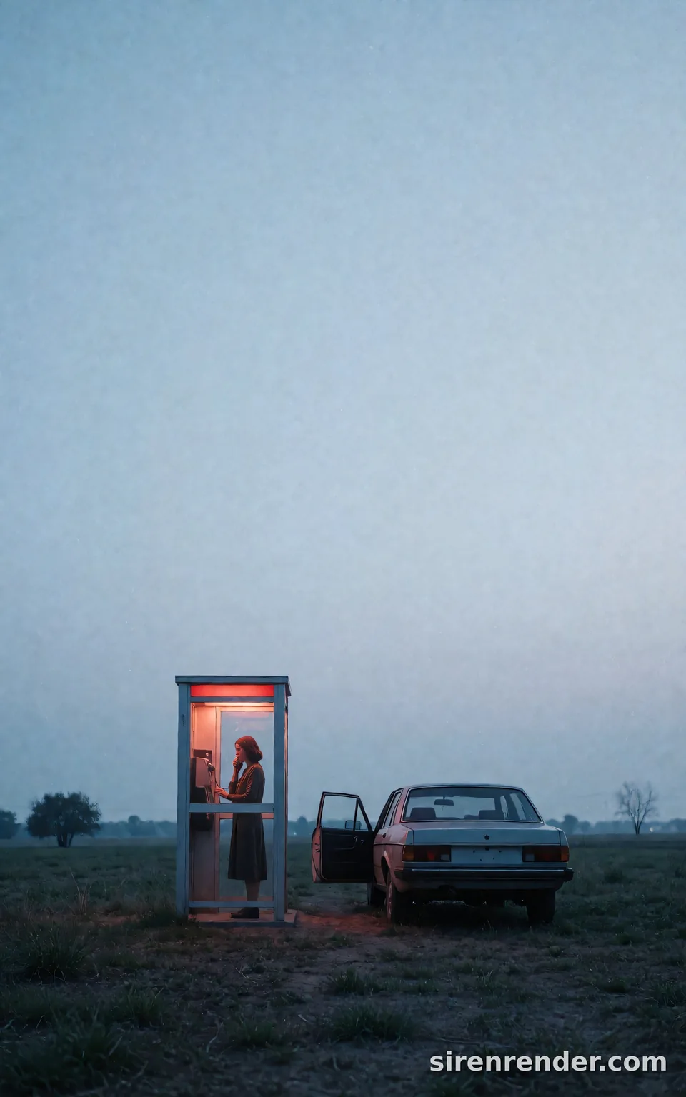 Phone Booth at Dusk: wide cinematic photo of a lone woman holding the handset inside a red-lit phone booth in an empty field at blue dusk, a vintage car parked beside it with its door open, a vast pale sky above, seed 11