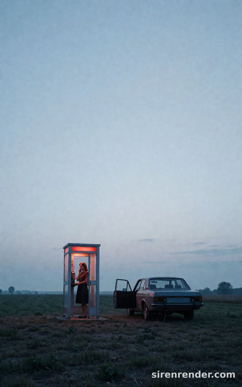 Phone Booth at Dusk: wide cinematic photo of a lone woman holding the handset inside a red-lit phone booth in an empty field at blue dusk, a vintage car parked beside it with its door open, a vast pale sky above, seed 22