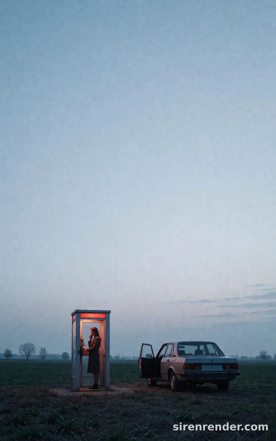 Phone Booth at Dusk: wide cinematic photo of a lone woman holding the handset inside a red-lit phone booth in an empty field at blue dusk, a vintage car parked beside it with its door open, a vast pale sky above, seed 33