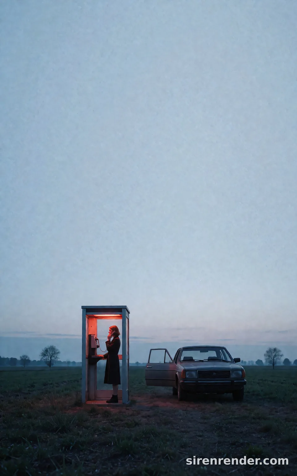 Phone Booth at Dusk: wide cinematic photo of a lone woman holding the handset inside a red-lit phone booth in an empty field at blue dusk, a vintage car parked beside it with its door open, a vast pale sky above, seed 44