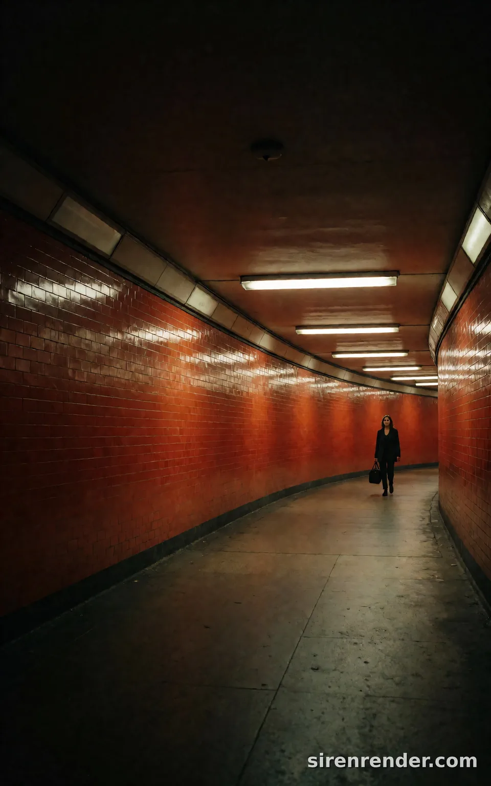 Red Tunnel, London at Night: cinematic photo of a curved pedestrian tunnel tiled in glossy red-orange under fluorescent panels, a lone woman carrying a black duffel bag walking on the right of the frame, seed 11