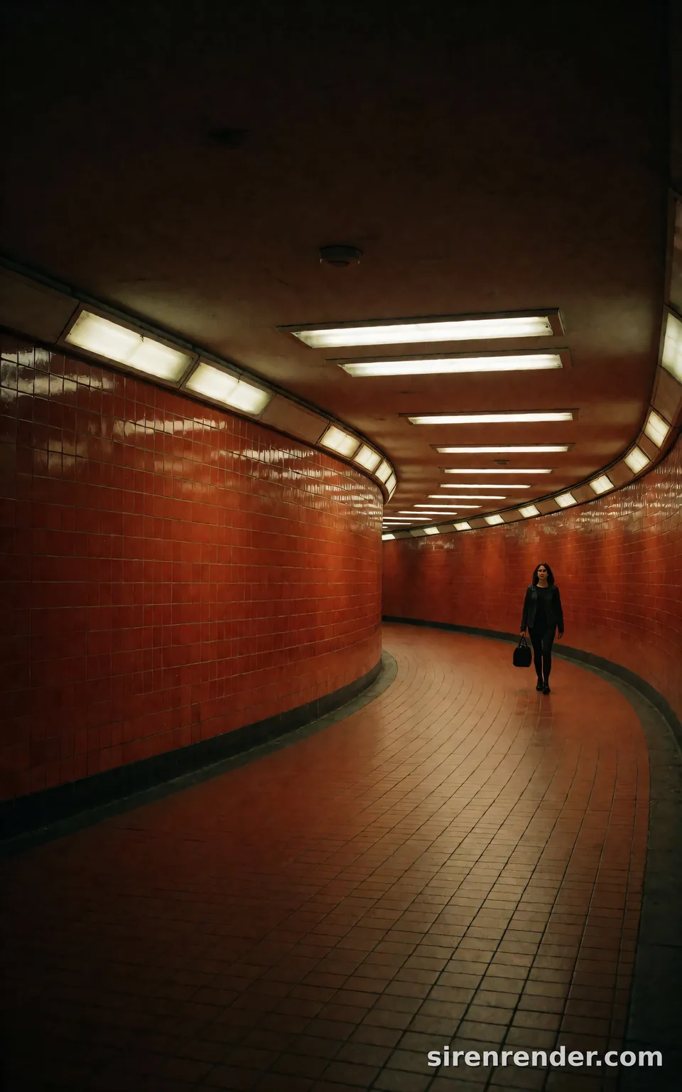 Red Tunnel, London at Night: cinematic photo of a curved pedestrian tunnel tiled in glossy red-orange under fluorescent panels, a lone woman carrying a black duffel bag walking on the right of the frame, seed 22