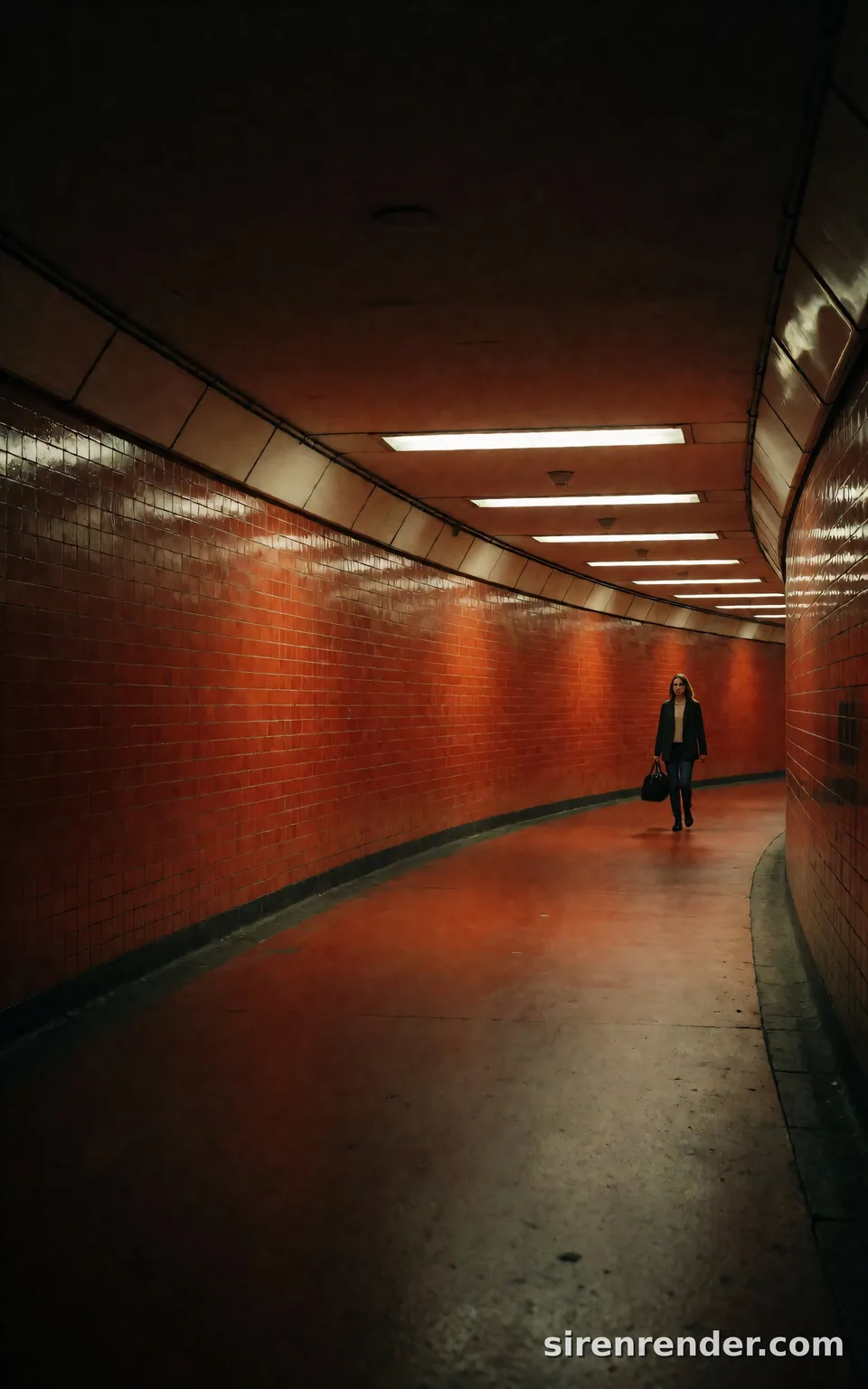 Red Tunnel, London at Night: cinematic photo of a curved pedestrian tunnel tiled in glossy red-orange under fluorescent panels, a lone woman carrying a black duffel bag walking on the right of the frame, seed 33