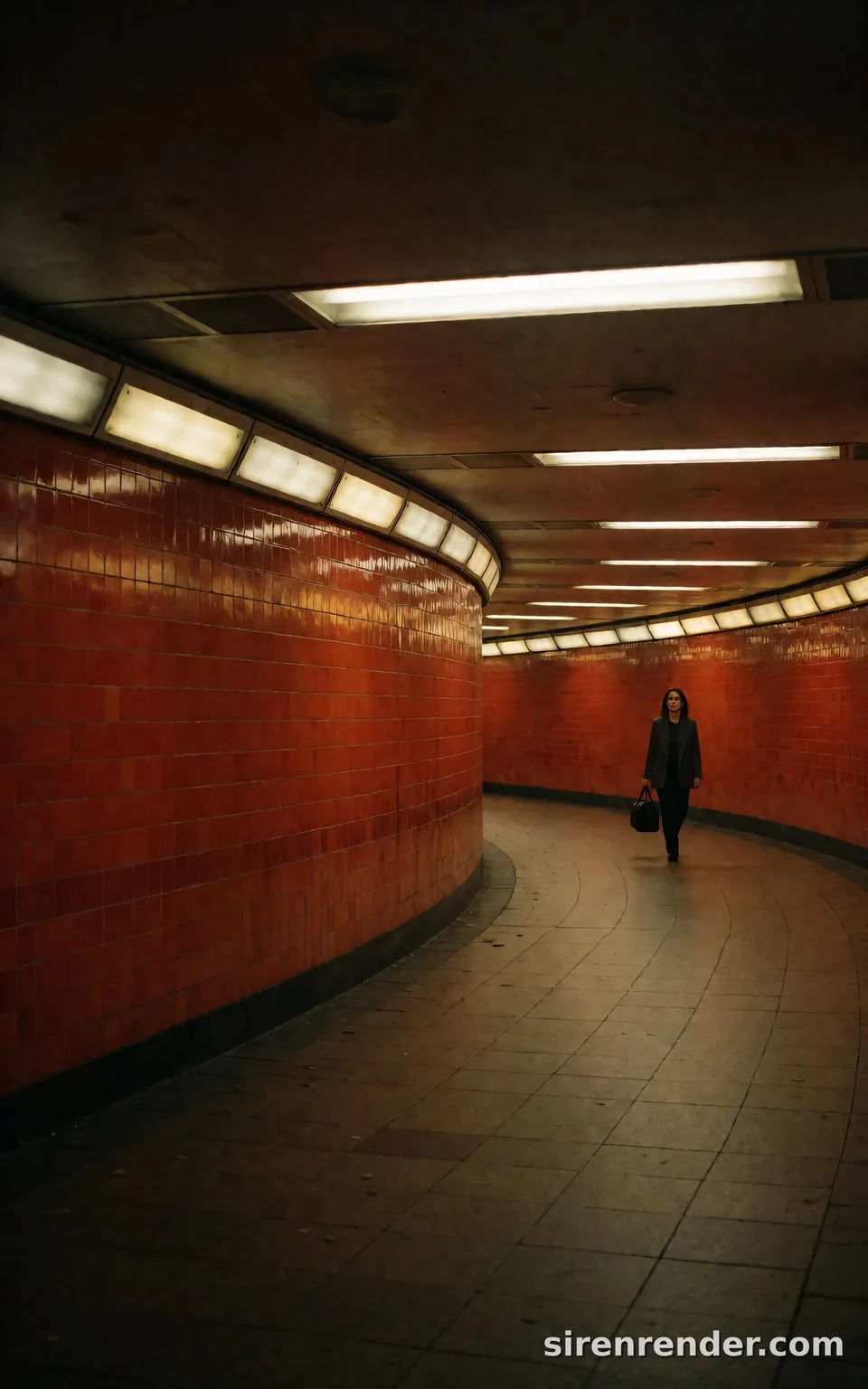 Red Tunnel, London at Night: cinematic photo of a curved pedestrian tunnel tiled in glossy red-orange under fluorescent panels, a lone woman carrying a black duffel bag walking on the right of the frame, seed 44