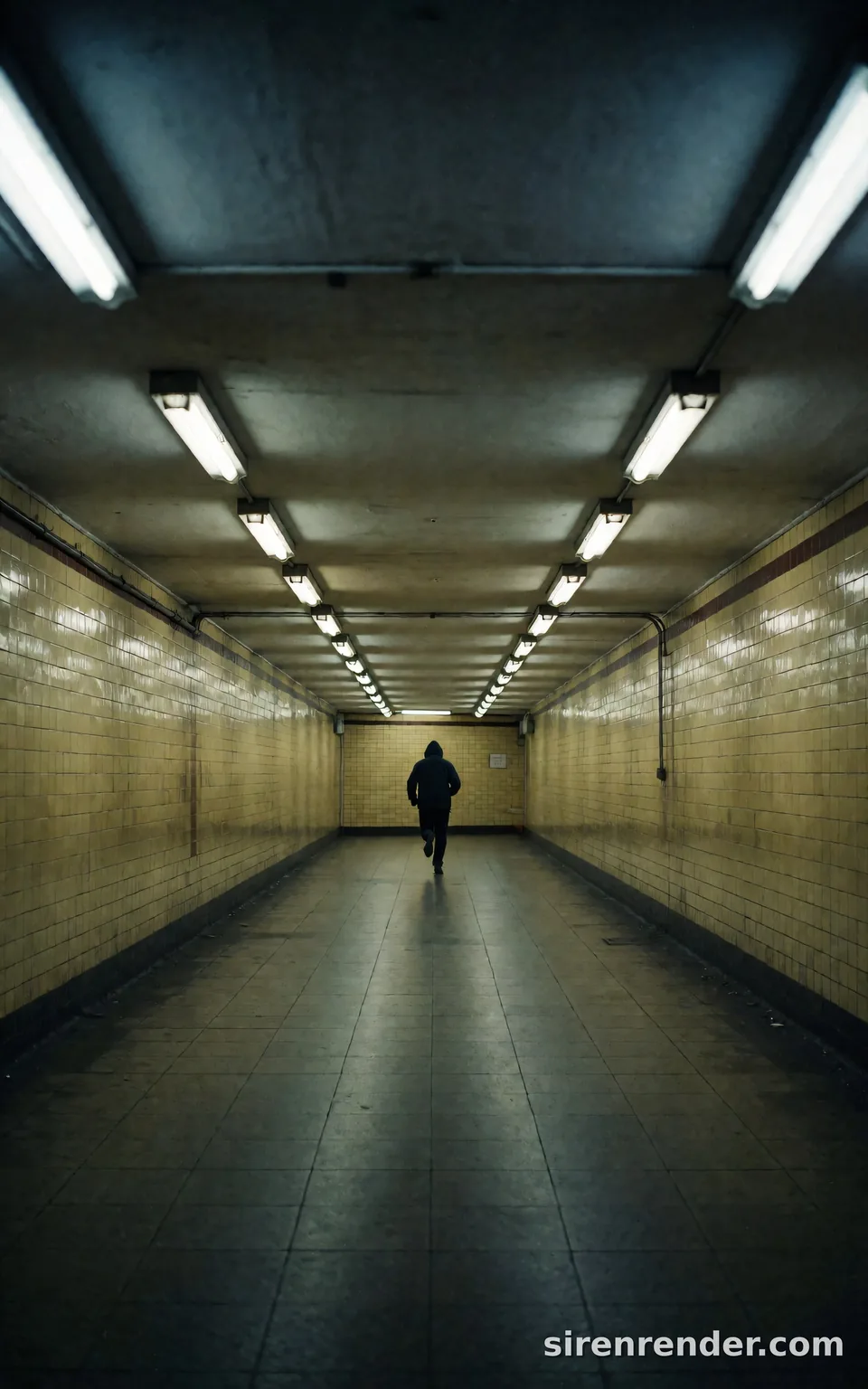 Symmetry Tunnel Noir: perfectly symmetrical photo of a long yellow-tiled pedestrian tunnel with two rows of fluorescent lights receding to a vanishing point, a hooded figure running away in the center, seed 11