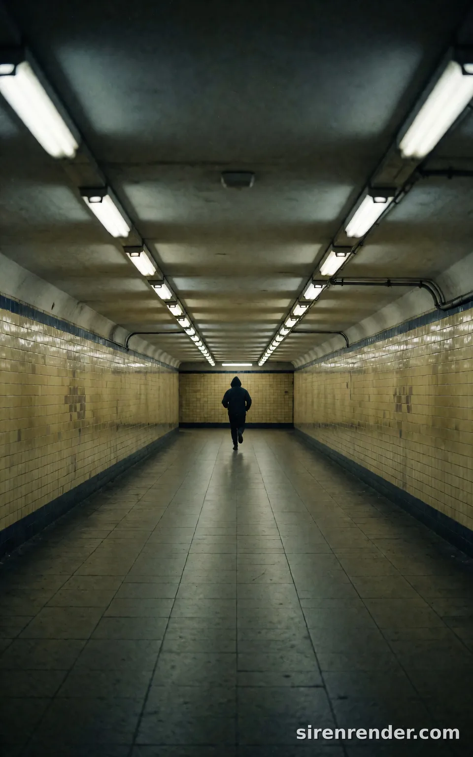 Symmetry Tunnel Noir: perfectly symmetrical photo of a long yellow-tiled pedestrian tunnel with two rows of fluorescent lights receding to a vanishing point, a hooded figure running away in the center, seed 22