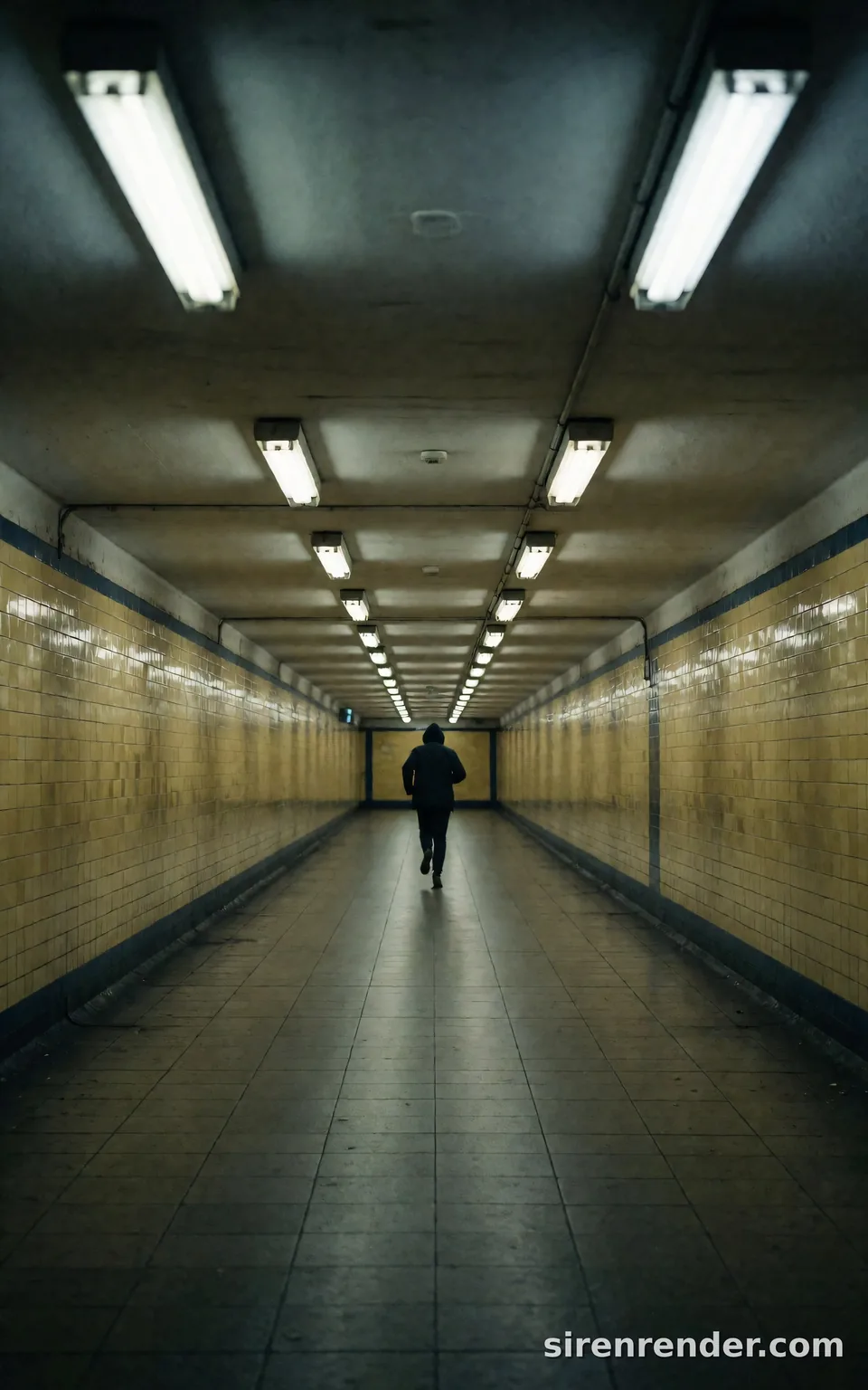 Symmetry Tunnel Noir: perfectly symmetrical photo of a long yellow-tiled pedestrian tunnel with two rows of fluorescent lights receding to a vanishing point, a hooded figure running away in the center, seed 33