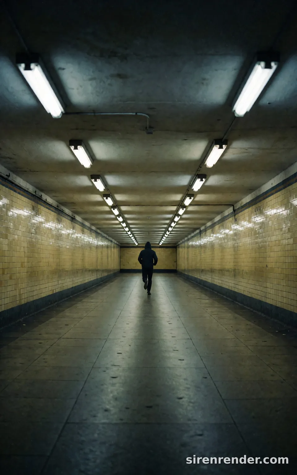 Symmetry Tunnel Noir: perfectly symmetrical photo of a long yellow-tiled pedestrian tunnel with two rows of fluorescent lights receding to a vanishing point, a hooded figure running away in the center, seed 44